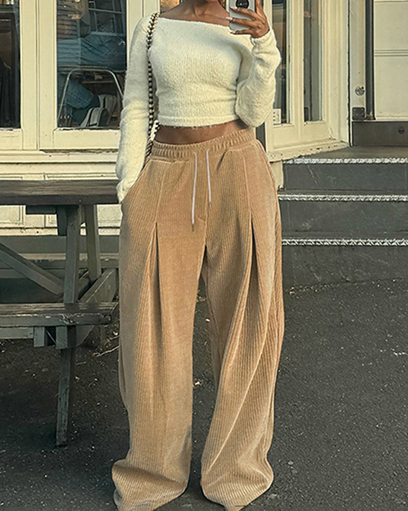 SOLID COLOR CORDUROY HIGH WAISTED CASUAL PANTS