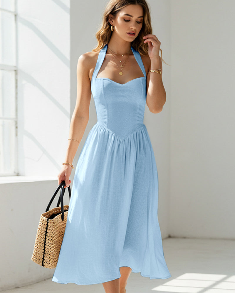 CASUAL HIGH-WAISTED SLEEVELESS HALTER DRESS
