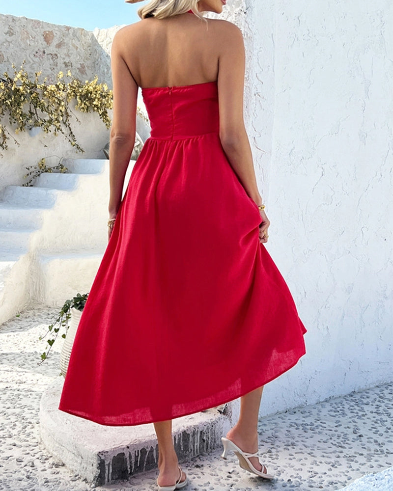 CASUAL HIGH-WAISTED SLEEVELESS HALTER DRESS