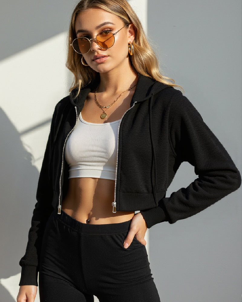 FASHION ZIPPER HOODIE DRAWSTRING SHORT HOODIE