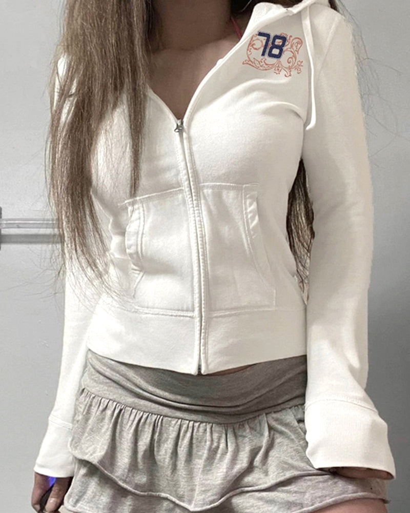 DIGITAL PRINT ZIPPER HOODIE SHORT COAT FOR WOMEN