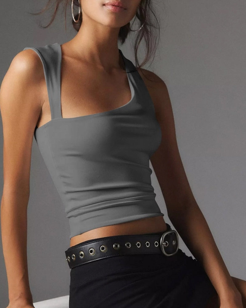 IRREGULAR DESIGN SENSE SOLID COLOR TIGHT SHORT TANK TOP