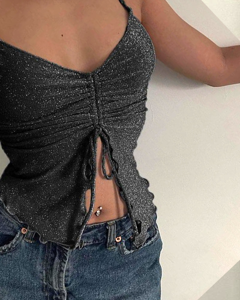 RUCHED RUFFLE HEM GLITTER STRAP CROP TOP
