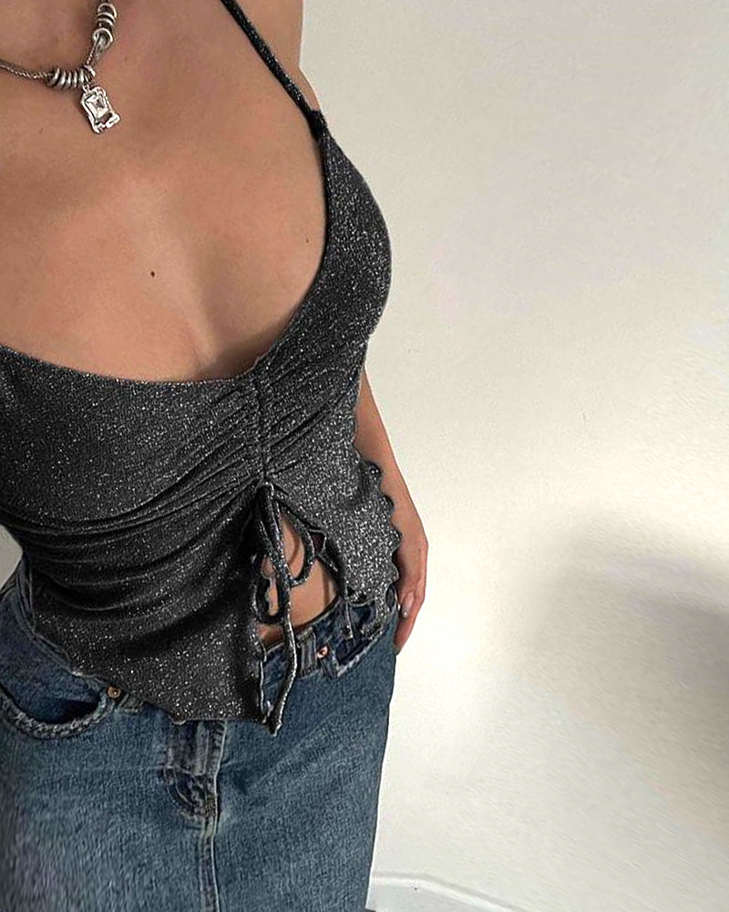RUCHED RUFFLE HEM GLITTER STRAP CROP TOP