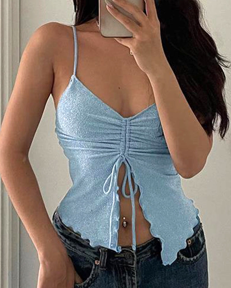 RUCHED RUFFLE HEM GLITTER STRAP CROP TOP