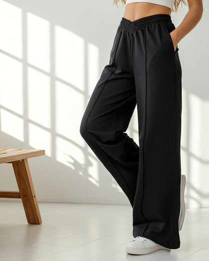 HIGH-WAISTED SOLID COLOR WIDE-LEG SLACKS