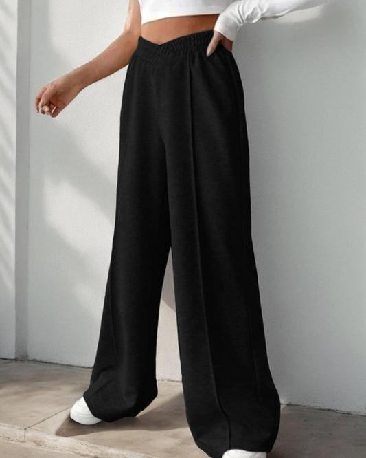 HIGH-WAISTED SOLID COLOR WIDE-LEG SLACKS