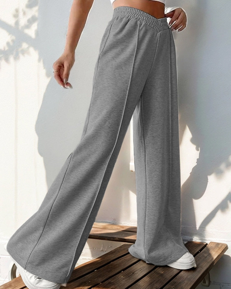 HIGH-WAISTED SOLID COLOR WIDE-LEG SLACKS