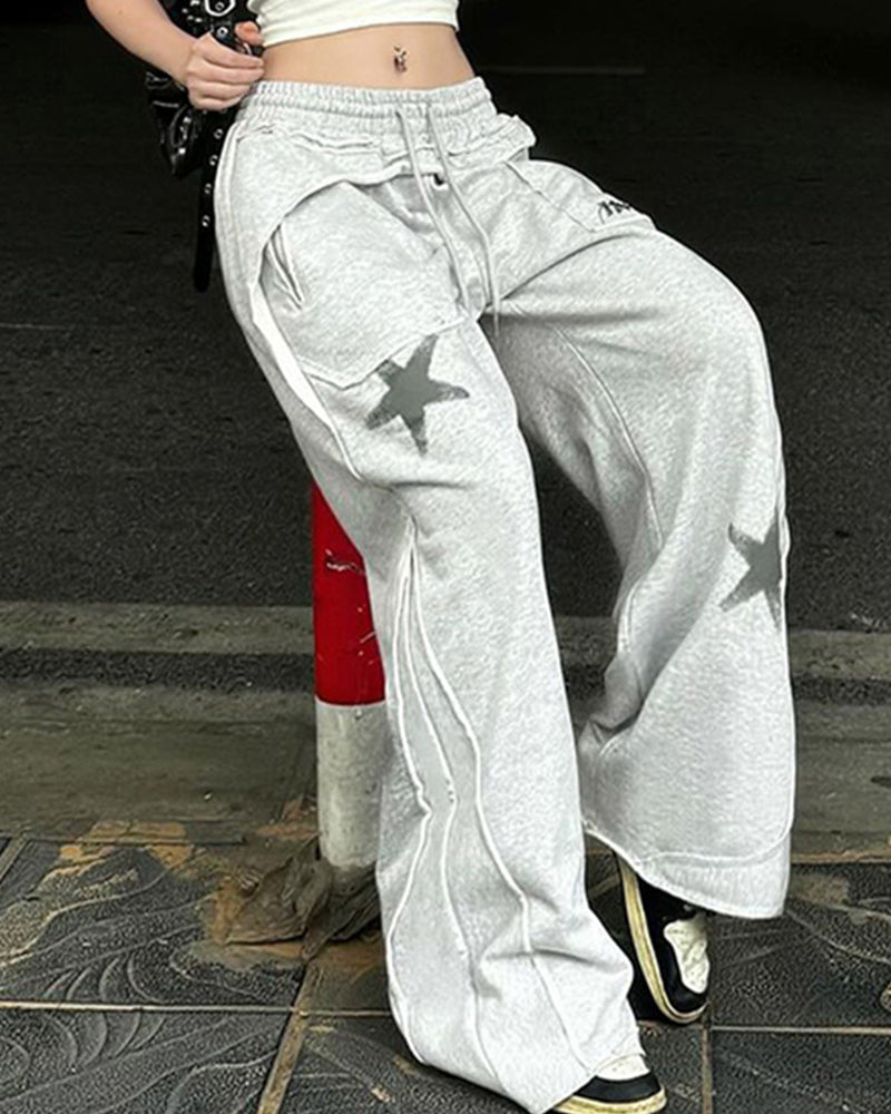 STAR PRINT POCKET PATCHWORK CASUAL PANTS
