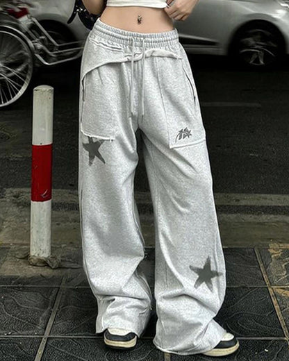 STAR PRINT POCKET PATCHWORK CASUAL PANTS