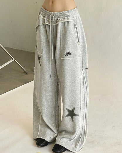 STAR PRINT POCKET PATCHWORK CASUAL PANTS