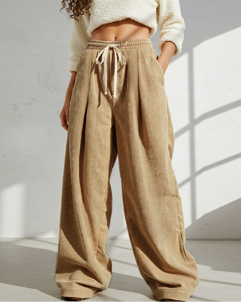 SOLID COLOR CORDUROY HIGH WAISTED CASUAL PANTS