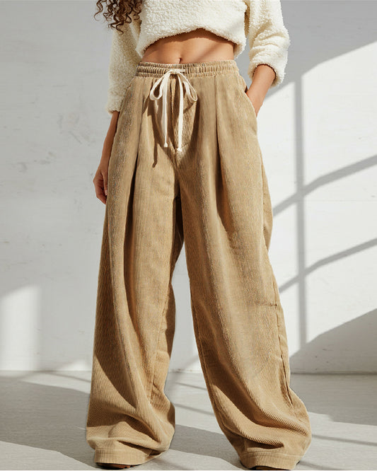 SOLID COLOR CORDUROY HIGH WAISTED CASUAL PANTS