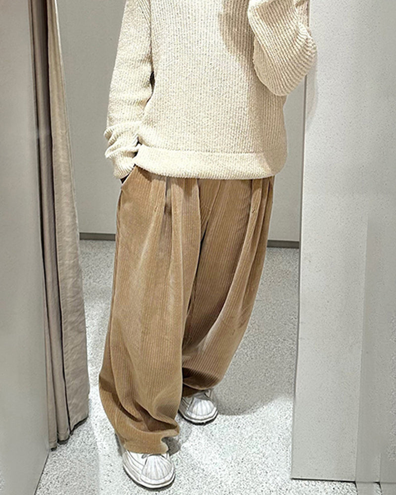 SOLID COLOR CORDUROY HIGH WAISTED CASUAL PANTS