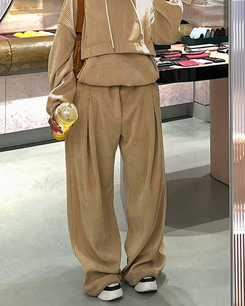 SOLID COLOR CORDUROY HIGH WAISTED CASUAL PANTS