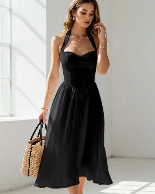 CASUAL HIGH-WAISTED SLEEVELESS HALTER DRESS