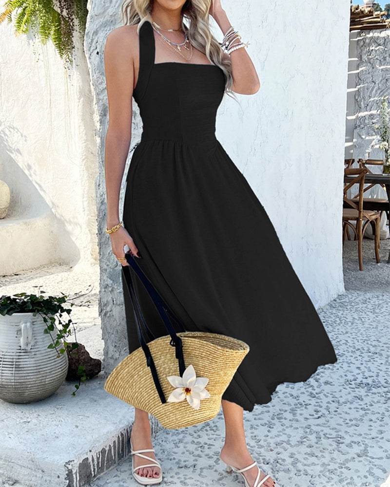 CASUAL HIGH-WAISTED SLEEVELESS HALTER DRESS