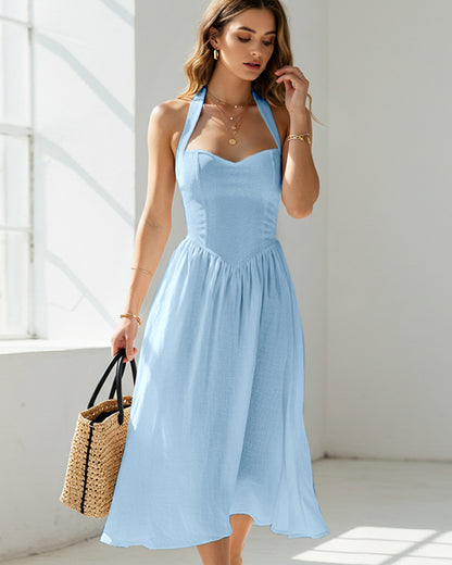 CASUAL HIGH-WAISTED SLEEVELESS HALTER DRESS