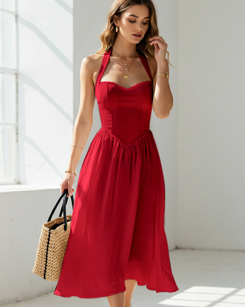 CASUAL HIGH-WAISTED SLEEVELESS HALTER DRESS