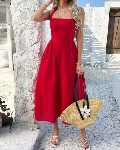 CASUAL HIGH-WAISTED SLEEVELESS HALTER DRESS