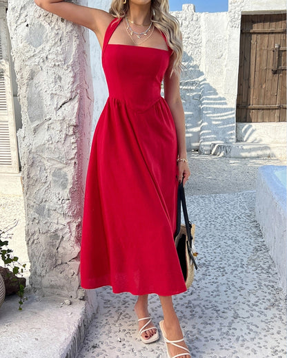 CASUAL HIGH-WAISTED SLEEVELESS HALTER DRESS