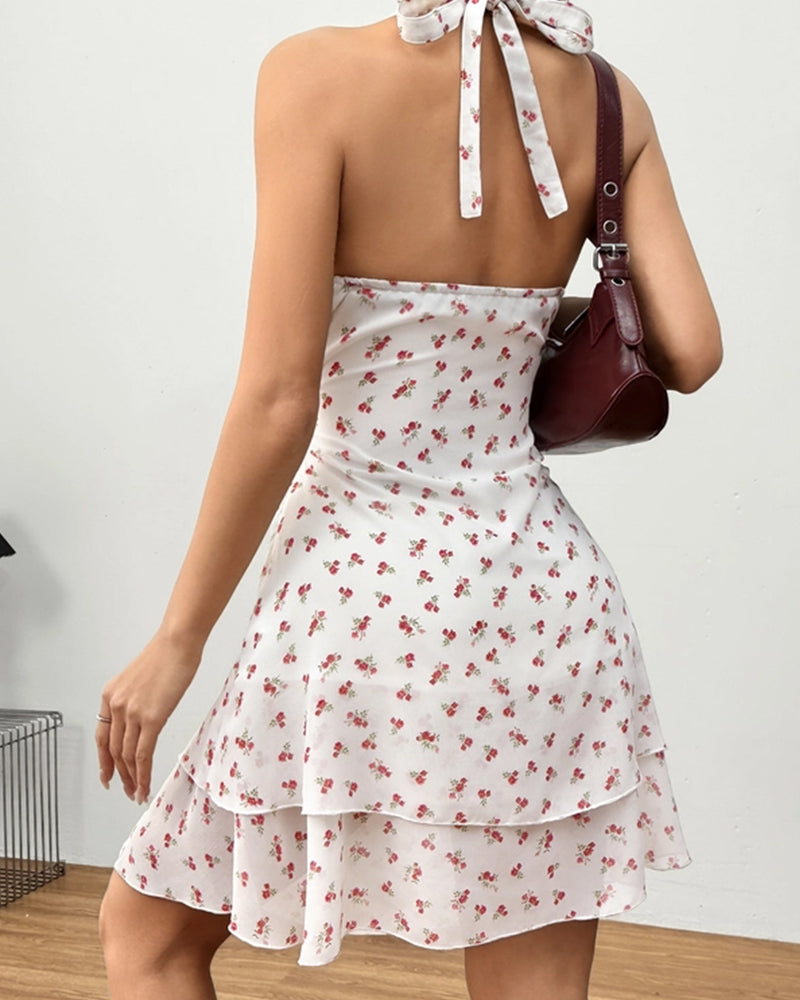FLORAL MINI RUFFLE NECK HALTER SEXY DRESS