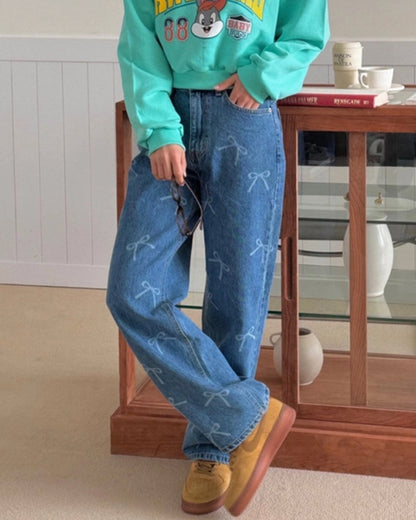 PRINTED BOW STRAIGHT WASH DENIM PANTS