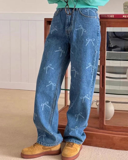 PRINTED BOW STRAIGHT WASH DENIM PANTS