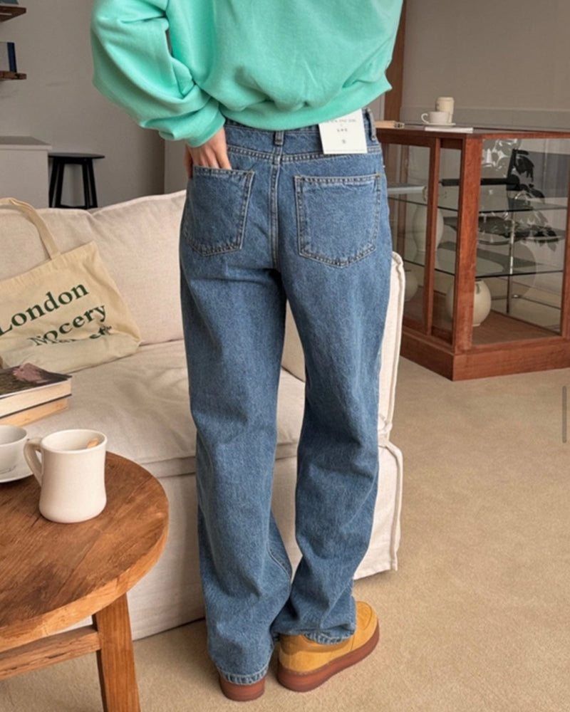 PRINTED BOW STRAIGHT WASH DENIM PANTS