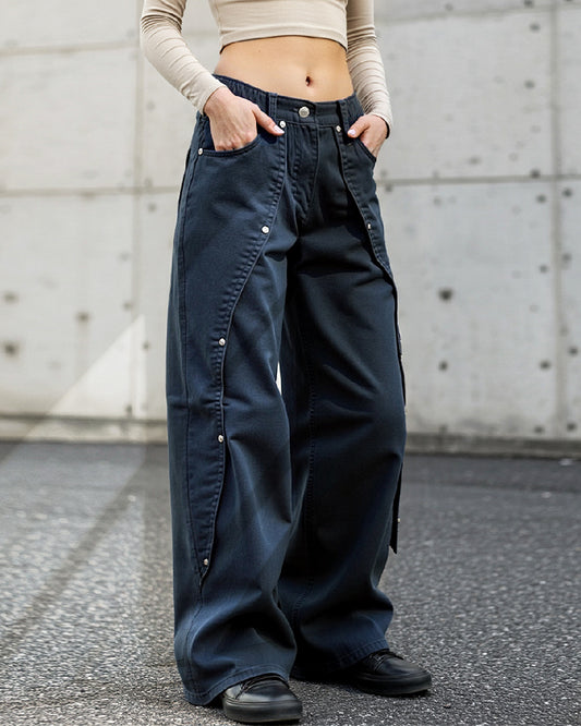 RIVET SPLIT LOW-RISE BAGGY DROP WIDE-LEG JEANS