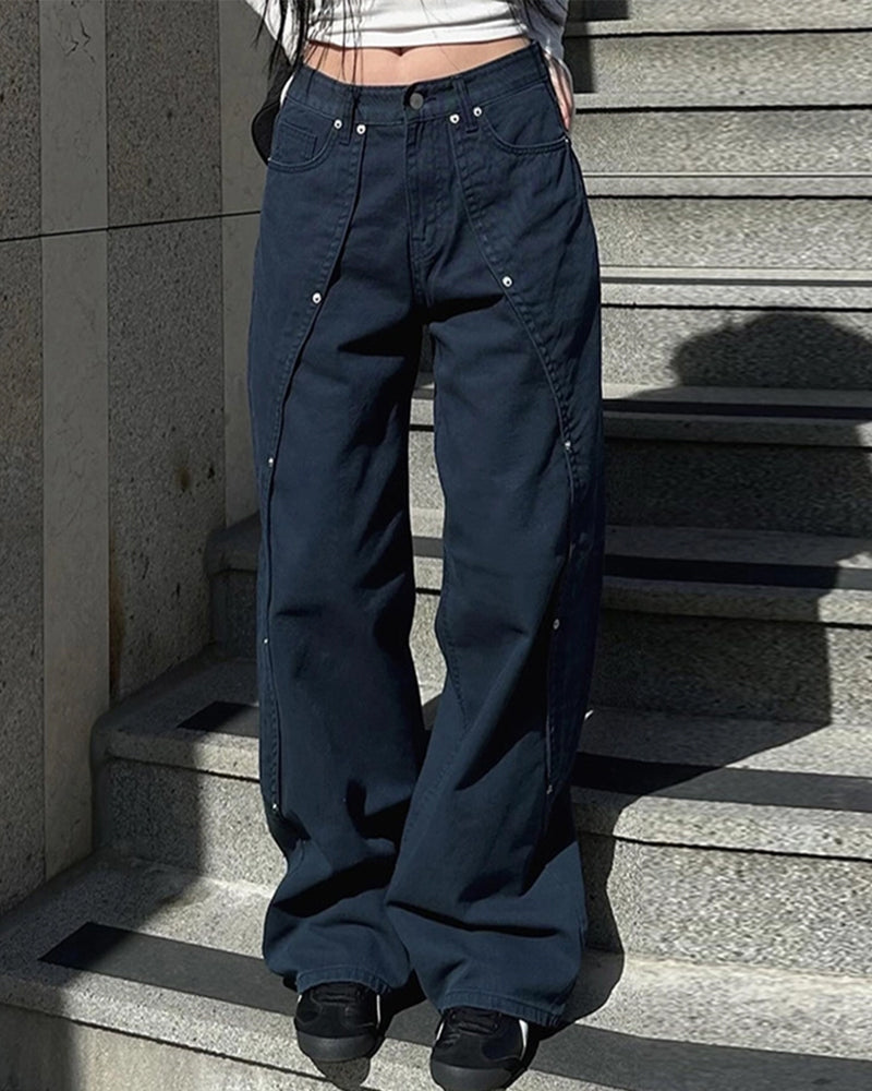 RIVET SPLIT LOW-RISE BAGGY DROP WIDE-LEG JEANS