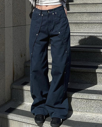 RIVET SPLIT LOW-RISE BAGGY DROP WIDE-LEG JEANS