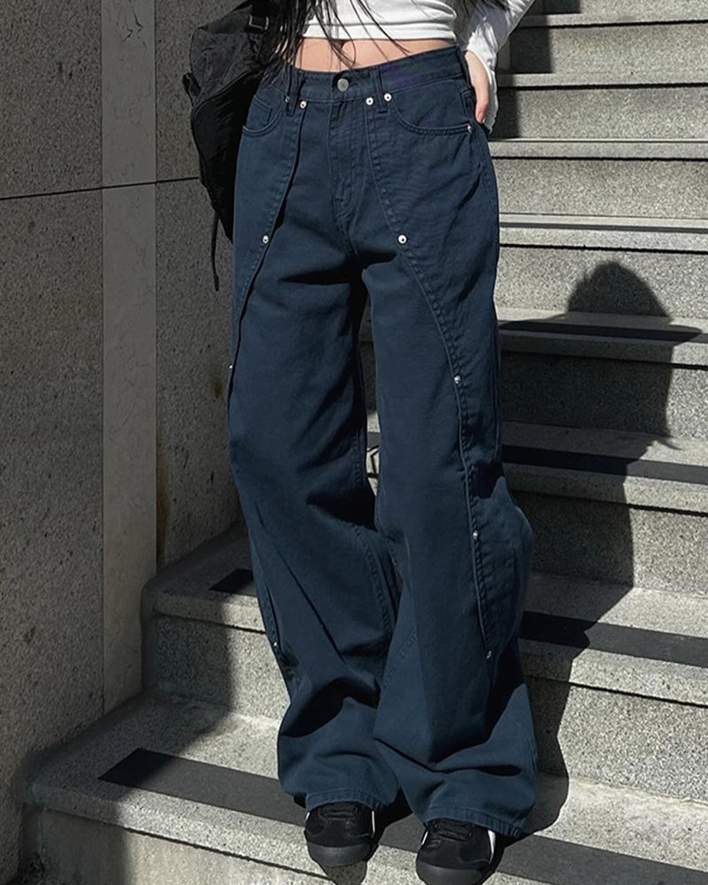 RIVET SPLIT LOW-RISE BAGGY DROP WIDE-LEG JEANS