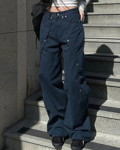 RIVET SPLIT LOW-RISE BAGGY DROP WIDE-LEG JEANS