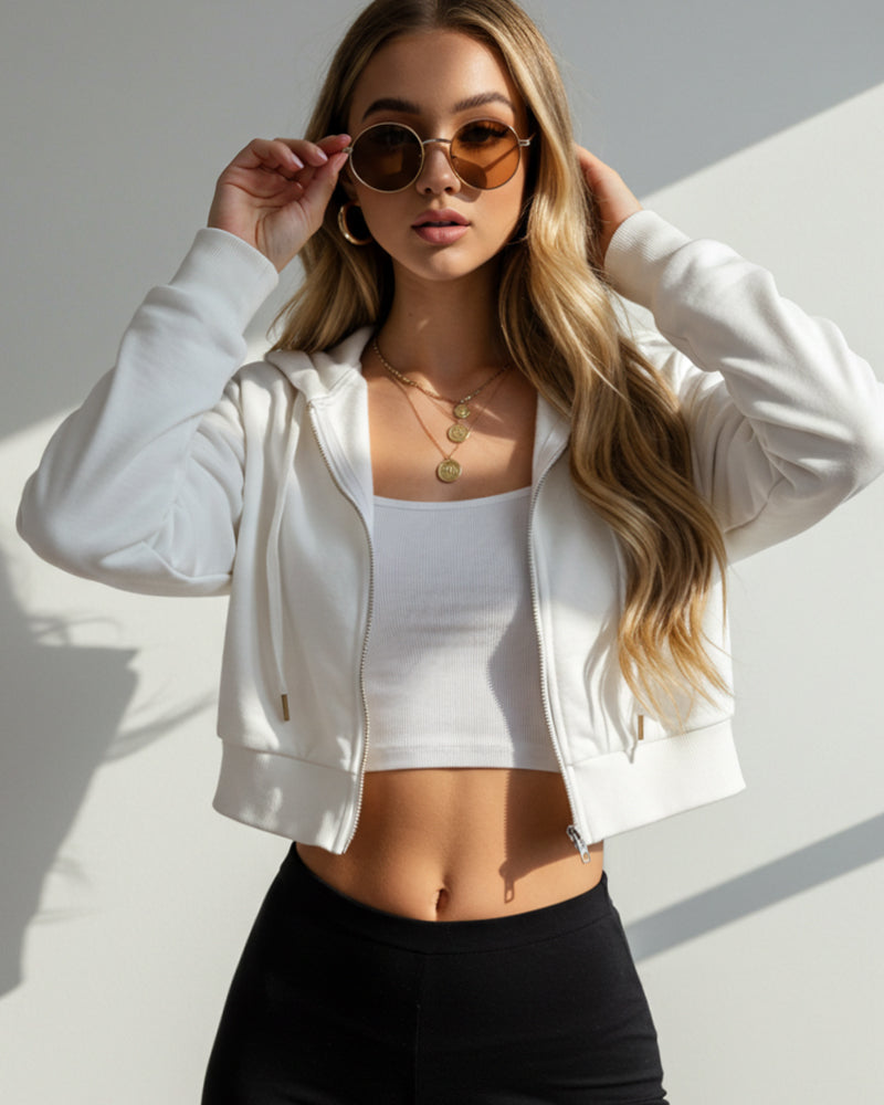 FASHION ZIPPER HOODIE DRAWSTRING SHORT HOODIE