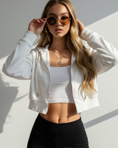 FASHION ZIPPER HOODIE DRAWSTRING SHORT HOODIE