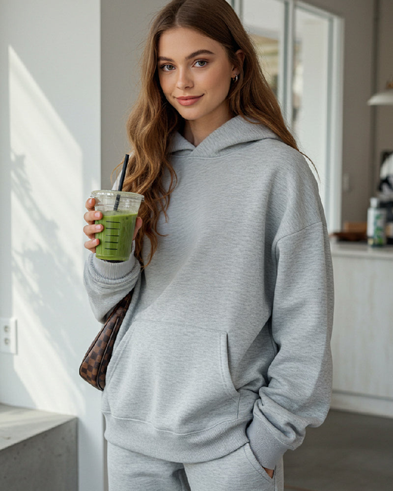 SOLID COLOR HOODED LOOSE CASUAL PULLOVER HOODIE
