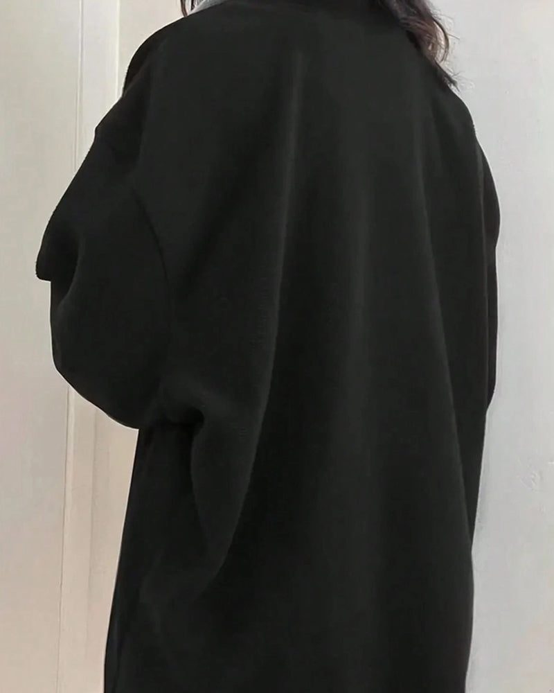 LAPEL THICK SOLID COLOR EXTRA LONG SLEEVE HOODIE