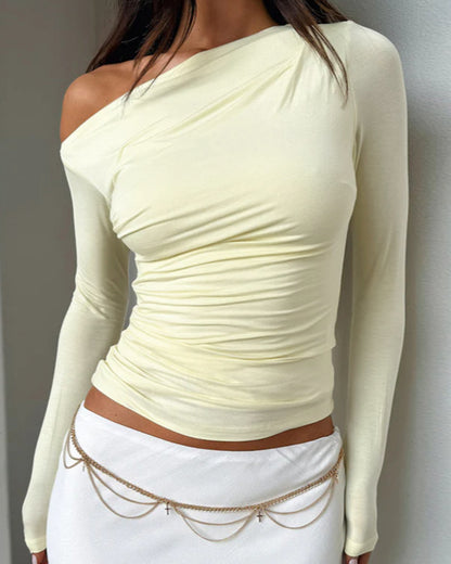 TEMPERAMENT CASUAL OBLIQUE SHOULDER SLIM LONG-SLEEVED TOP