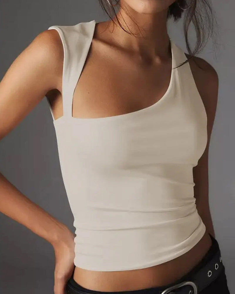 IRREGULAR DESIGN SENSE SOLID COLOR TIGHT SHORT TANK TOP