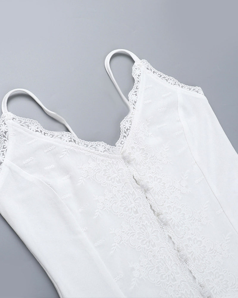 LACE-TRIM V-NECK BUTTONED SEXY CAMI TOP