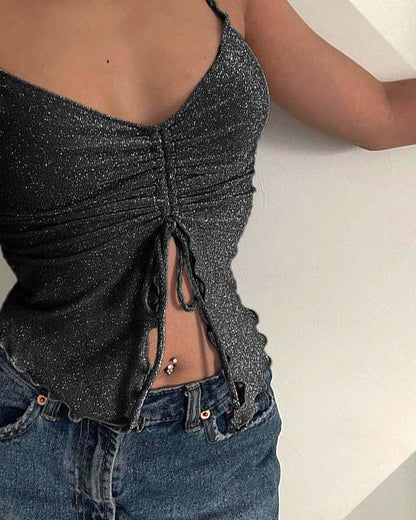RUCHED RUFFLE HEM GLITTER STRAP CROP TOP
