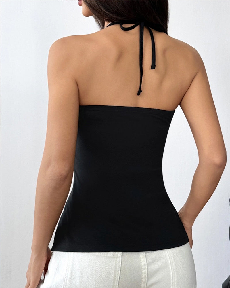 SEXY HALTERNECK LACE-UP SLIT T-SHIRT