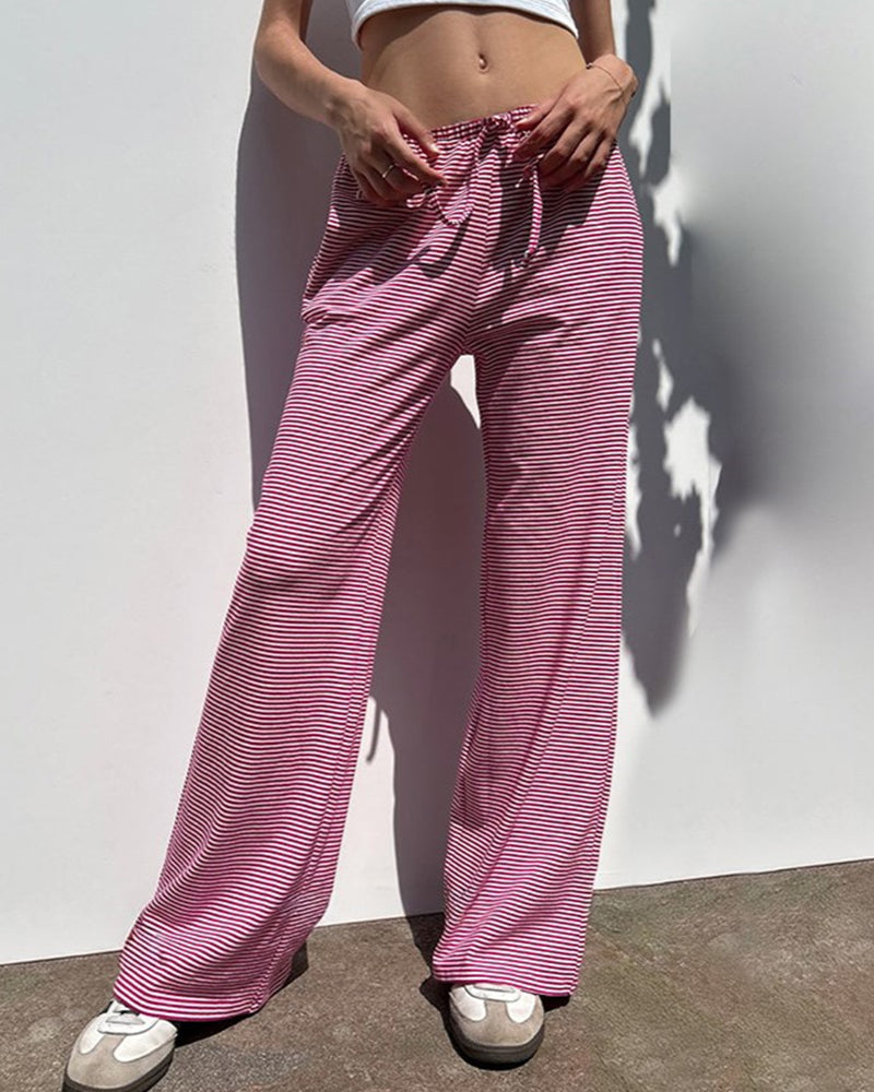 SLOUCHY STRIPED LACE-UP LOW-RISE DRAPED TROUSERS