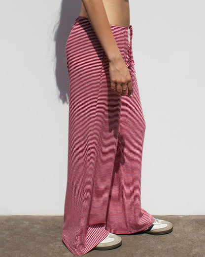 SLOUCHY STRIPED LACE-UP LOW-RISE DRAPED TROUSERS