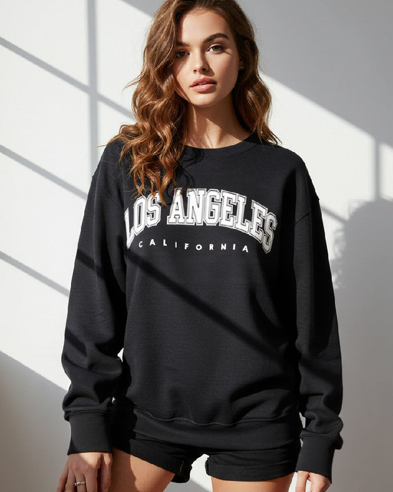LOS ANGELES LETTER PRINT FLEECE LINED PULLOVER SWEATSHIRT