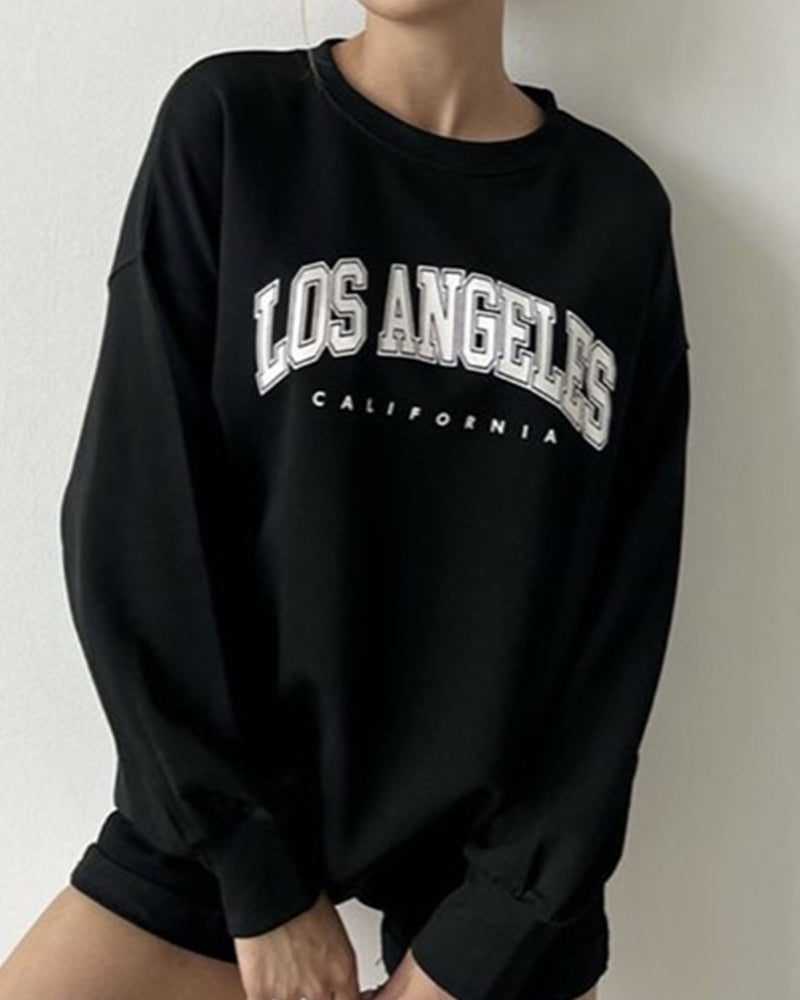 LOS ANGELES LETTER PRINT FLEECE LINED PULLOVER SWEATSHIRT