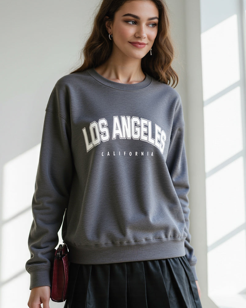 LOS ANGELES LETTER PRINT FLEECE LINED PULLOVER SWEATSHIRT