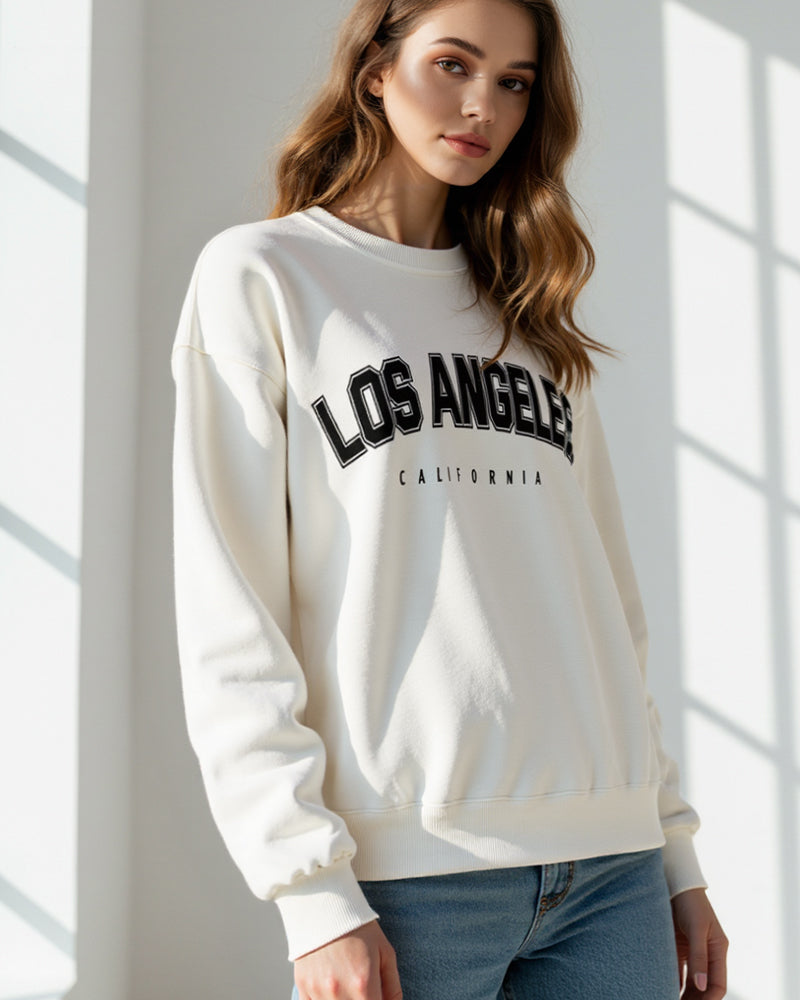 LOS ANGELES LETTER PRINT FLEECE LINED PULLOVER SWEATSHIRT